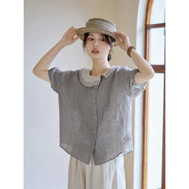 棉麻雨露棉麻细支色织条纹布夏季新款褶皱娃娃领衬衫