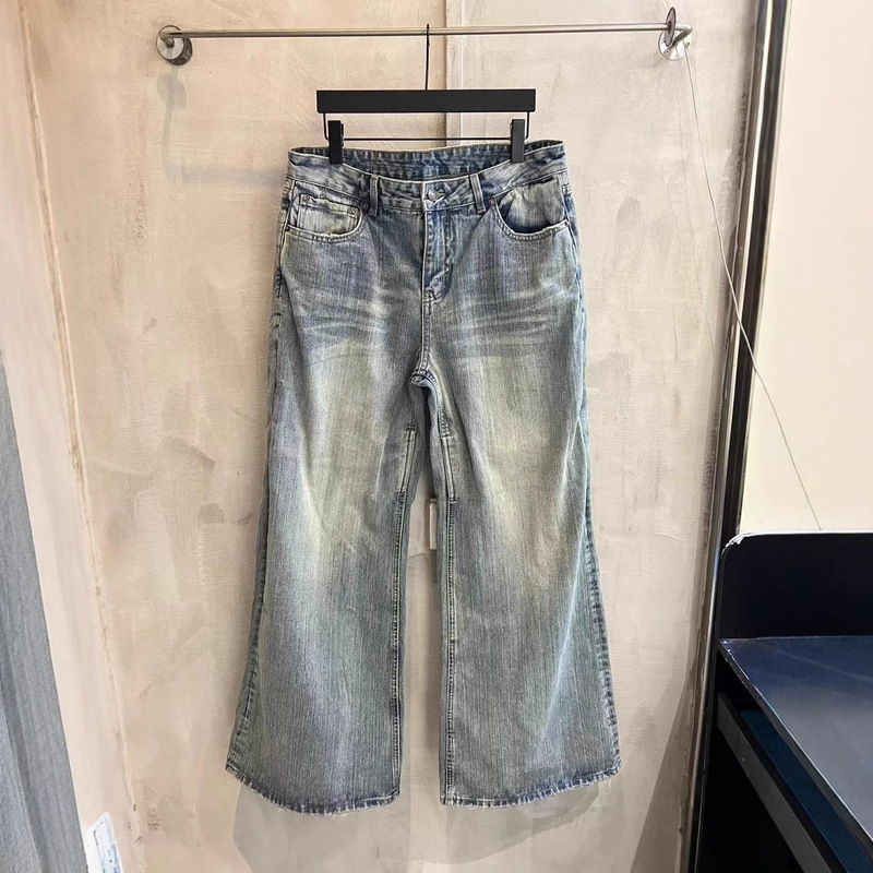 High Version BL Home Paris 25ss New Washed Destruction Straight Simple Horn Jeans Skinny Pants for Men and Women
