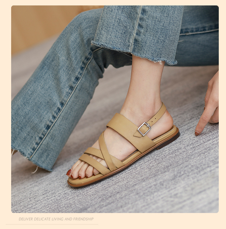 Sandal nữ quai ngang mảnh hở mũi đế bệt phong cách La Mã — Màu be chi tiết 6
