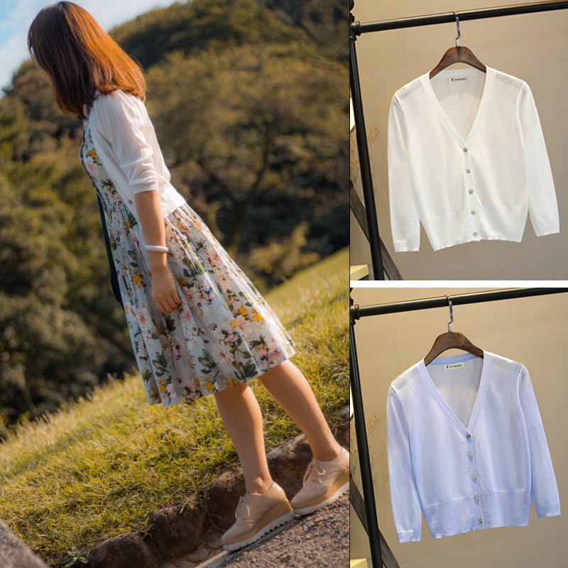 Summer Ice Silk Three-quarter Sleeve Short Knitted Cardigan Women's Ultra-thin Outer Shawl Air-conditioning Shirt Sun Protection Clothing Small Outwear