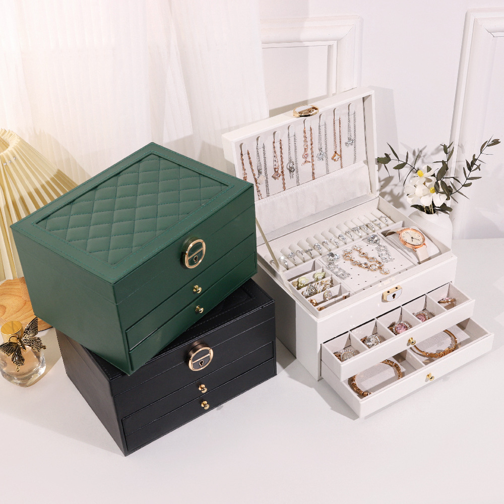 Caja de joyería de diamante de gran capacidad multifuncional, collar, anillo, caja de almacenamiento de joyas, caja de joyería anti-oxidación de tres capas