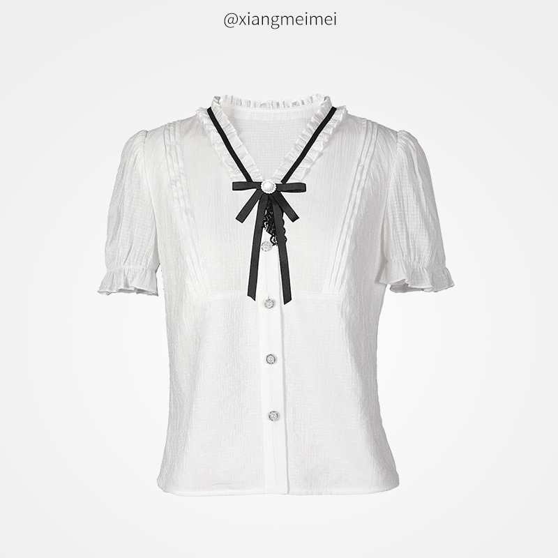 French vintage style V-neck tie-bow blouse for women, long-sleeved, suitable for both inner and outer wear, white sweet top French vintage style V-neck tie-bow blouse for women, long-sleeved, suitable for both inner and outer wear, white sweet top
