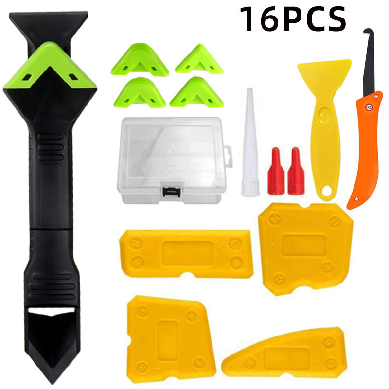 跨境16件套盒装3合1塑料刮刀密封填缝工具勾刀胶刮器美缝刮板喷嘴