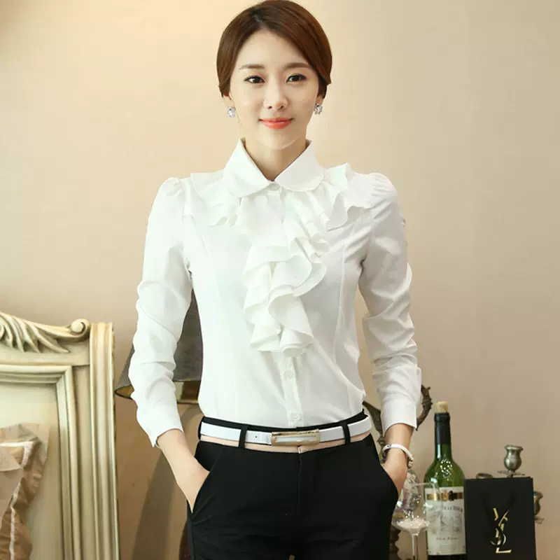 2022衬衫女士早秋新款韩版荷叶边雪纺长袖大码木耳职业装修身打底