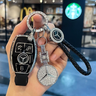 Mercedes V-Class Key Cover Vito Car key bag - black-key-cover-diamond-ring-rope-buckle-diamond-car-logo