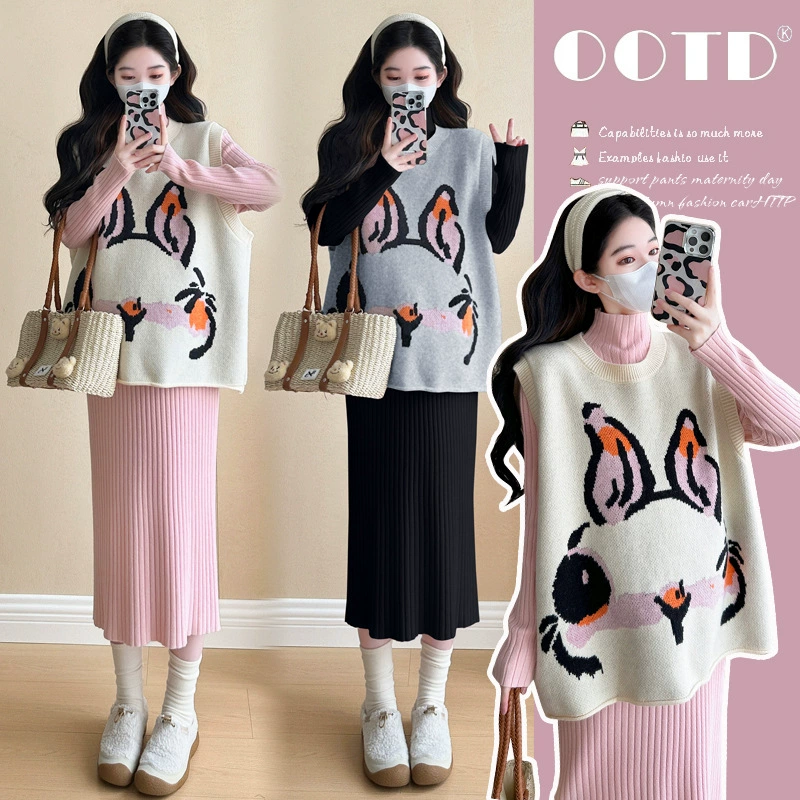 Съемка на месте ~ 2024 осень-зима новый корейский модный мультфильм кролик платье жилет