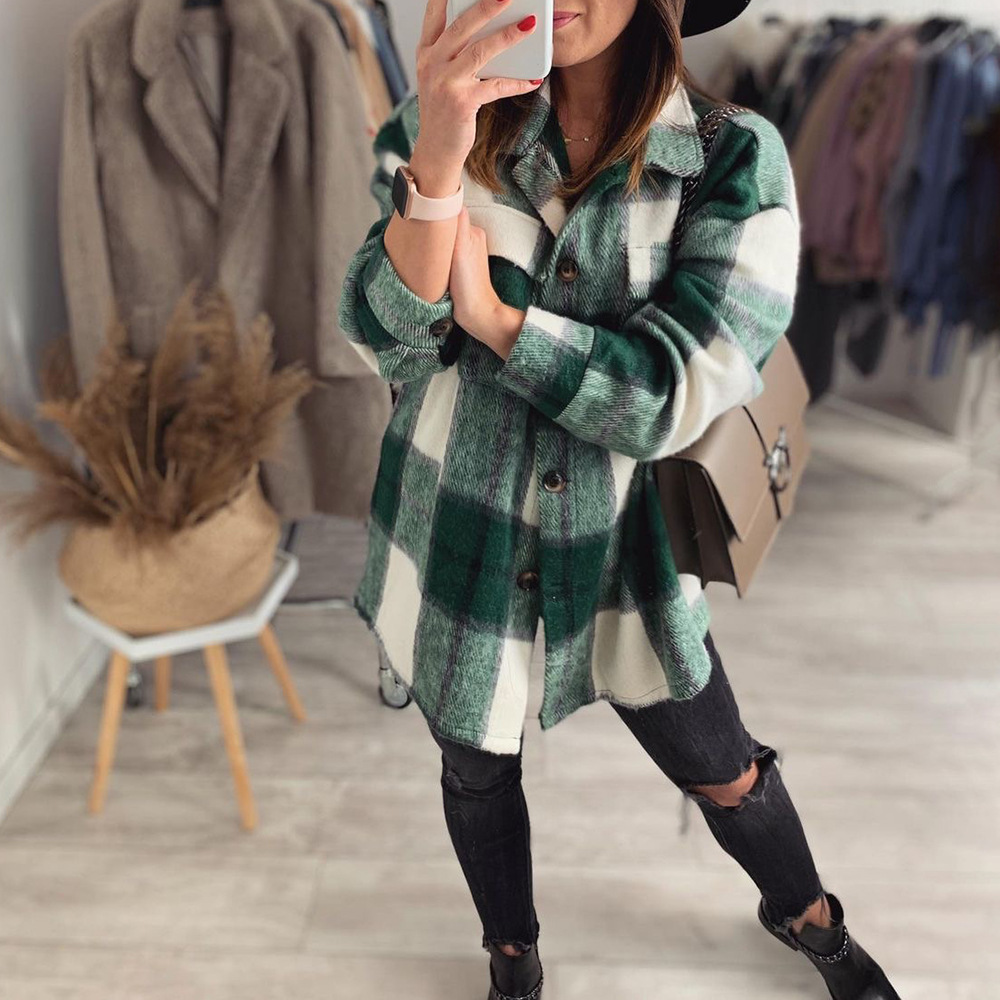 Casual Plaid Printed Long-Sleeved Shirt Jacket NSKX108713