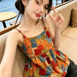 漂亮多巴胺别致油画小衫露肩上衣夏日绝美推荐款自留吊带背心女