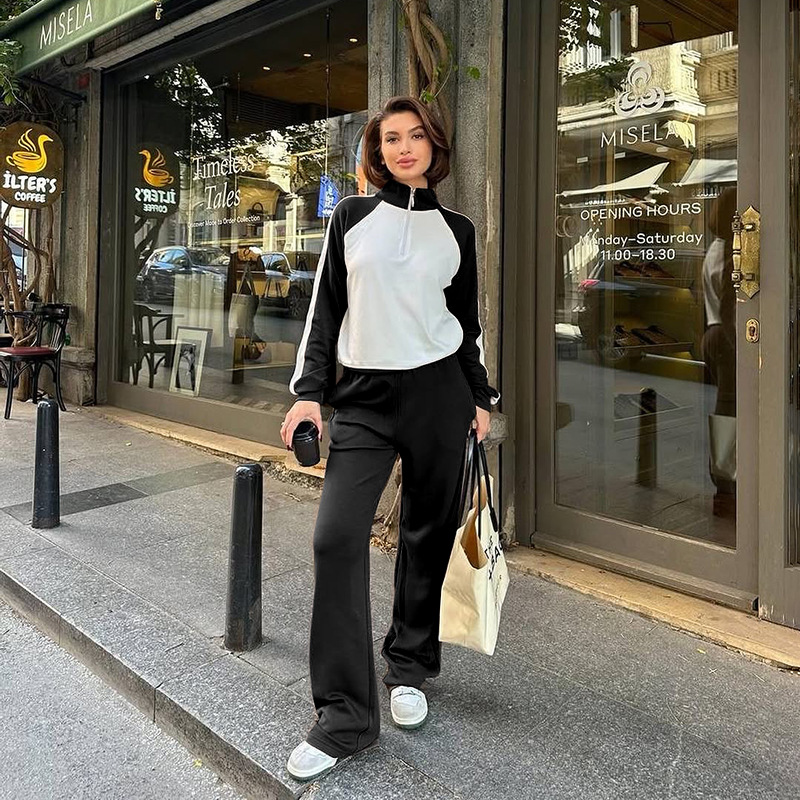 211475 Spring Autumn New Cross-Border European And American Color-Block Long-Sleeve Zipper Sweatshirt Women's Fashion_ecoleips.com
