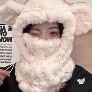 Cute Thickened Plush Bear Hat and Scarf All-in-One Women's Autumn and Winter Korean Style Warm Ear Protection Cap for Cycling Cold Wave
