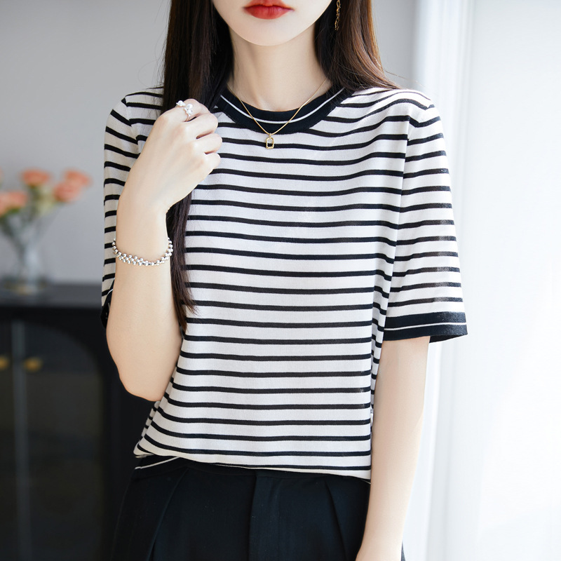 Round Neck Striped Lyocell Tencel Knitted Short-Sleeved Women's Fashionable Versatile Loose Slimming Top Summer New T-Shirt Round Neck Striped Lyocell Tencel Knitted Short-Sleeved Women's Fashionable Versatile Loose Slimming Top Summer New T-Shirt