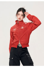 红色三条杠工装外套女春秋薄款感休闲宽松设计感小众夹克上衣