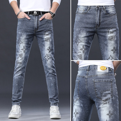 Jeans Spring and summer Thin section 2022 new pattern European goods printing Elastic force Trend Self cultivation Feet leisure time trousers