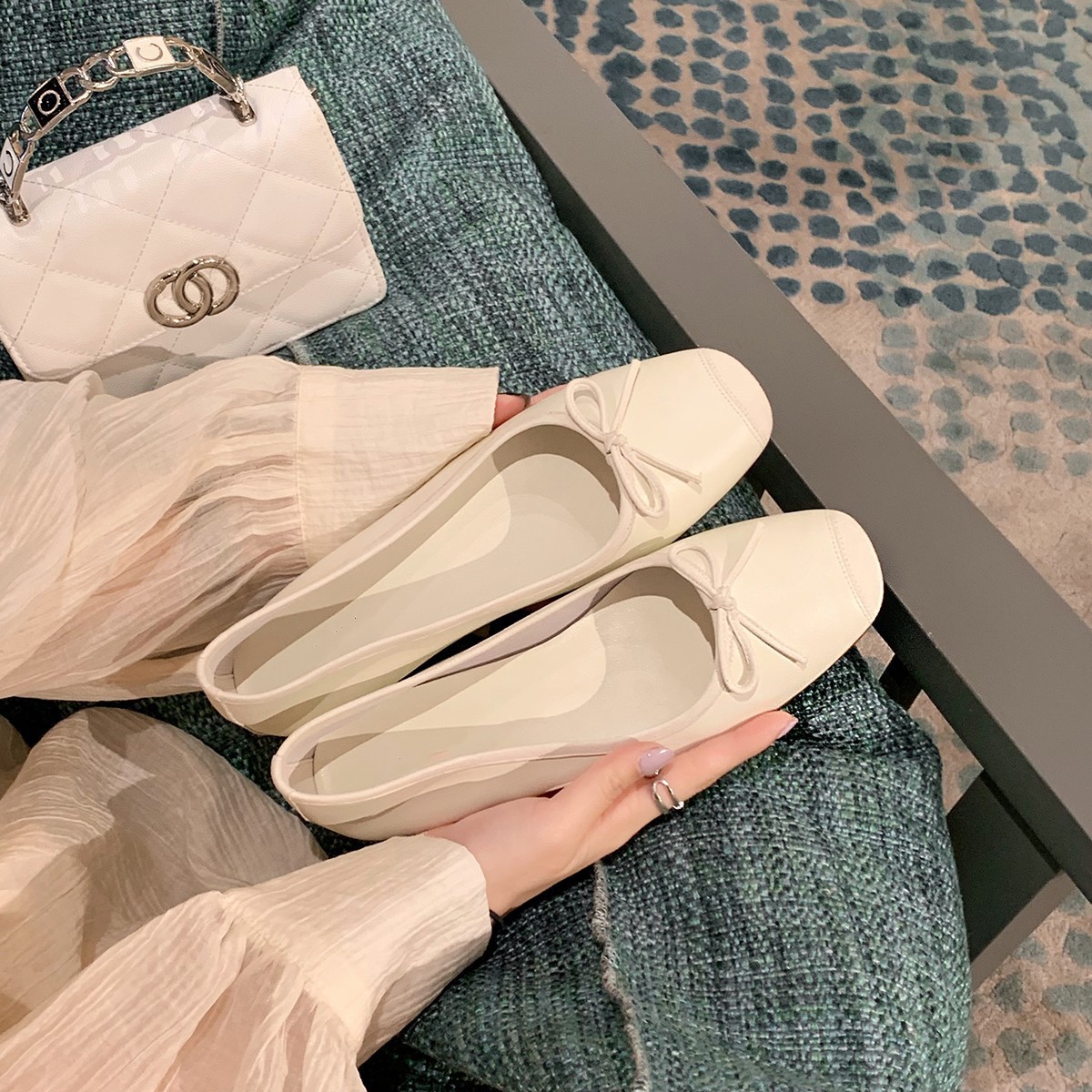 Silk Lambskin Soft French Square Slip-On Round Toe Showing Feet Small Shallow Mouth Sweet Ballet Shoes High Heels for Women