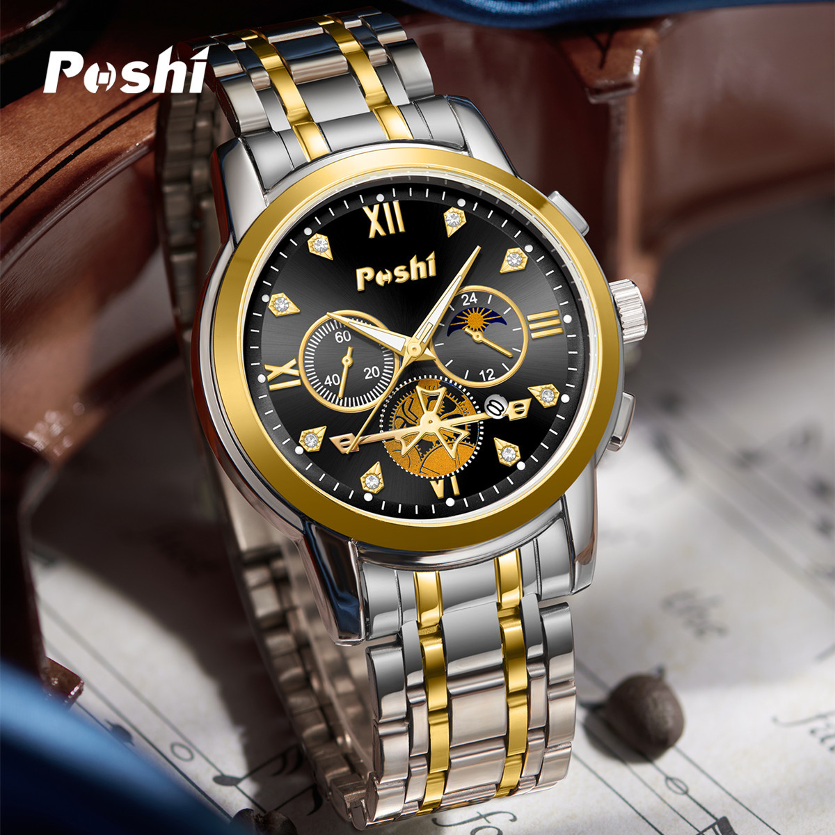 POSHI不锈钢陀飞轮非全自动机械多功能商务男表夜光防水男士手表
