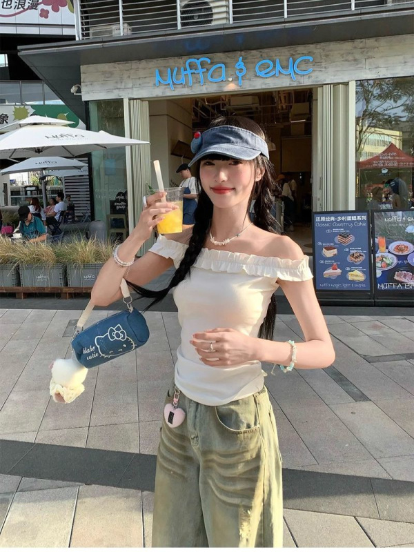 スイートスタイルイヤリングワンショルダーオレンジ半袖Tシャツレディース夏シックなスリムフィットホットガールショートトップ|undefined