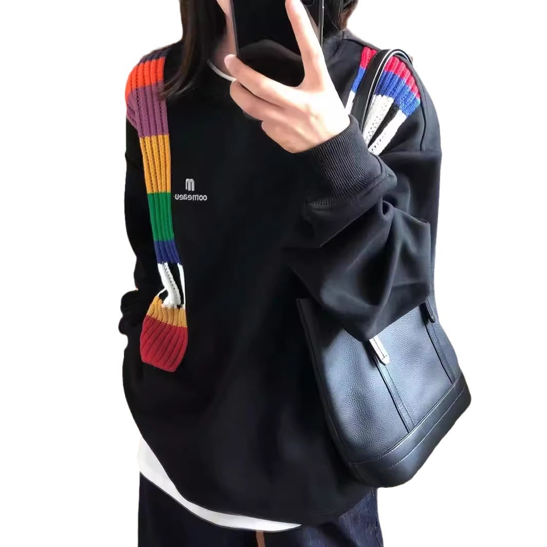 미국식 레인보우 스웨터 바느질 스웨터 여성용 봄과 가을 새로운 라운드 넥 느슨한 대학 스타일 디자인 센스 틈새 탑