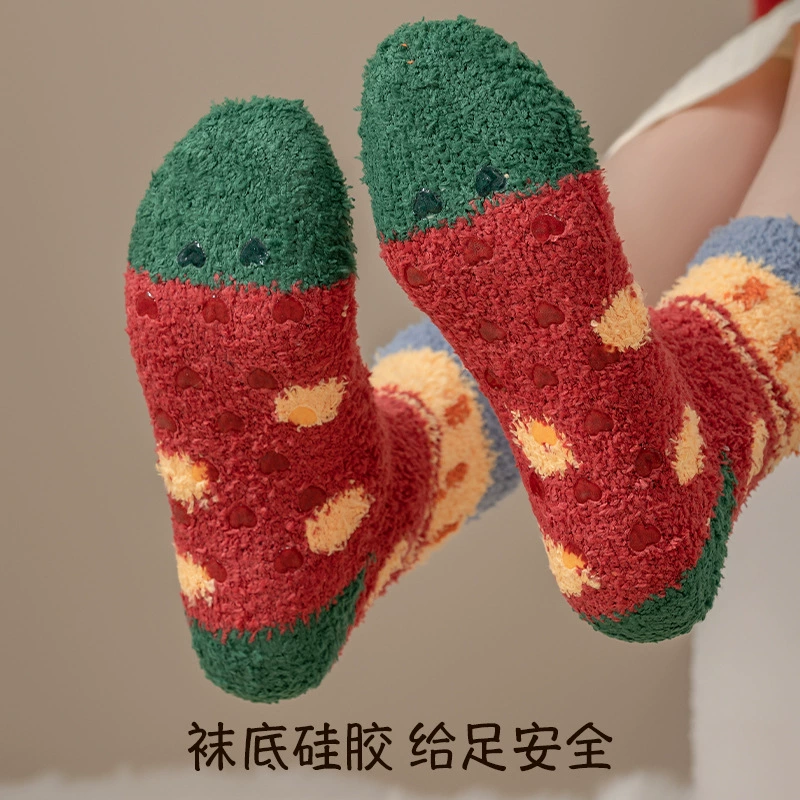 Коралловые бархатные мультяшные нескользящие теплые носки, увеличенная толщина