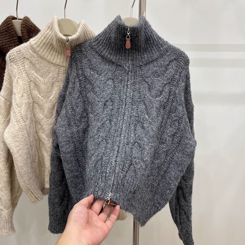 Maillard Short Turtleneck Zipper Sweater Cardigan Women's 2024 Autumn and Winter New Loose Soft Waxy Twist Knitted Jacket
