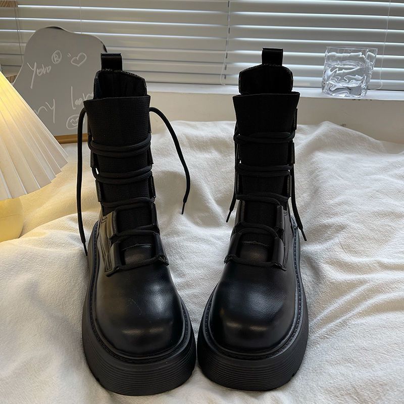 Martin boots women's single boots 2023 new style British style mid-calf thick-soled elastic knitted large-head strap slim boots WX-2_voghion.com
