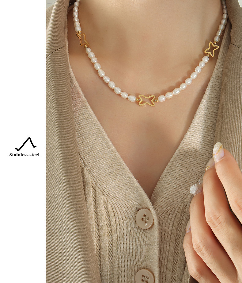 Elegant Star Pearl Titanium Steel Plating Necklace