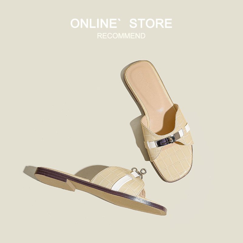 Sheepskin Version ~ Small Gold Buckle Crocodile Pattern Korean Style Slippers for Women Summer Outer Wear Sandals Soft Bottom Beach Half Slippers