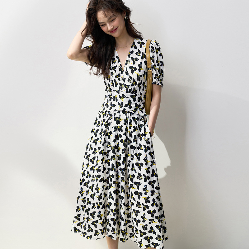26 Summer Elegant Clover Wrap Waist V-Neck Short Sleeve Tea Break Dress Slimming Flared Dress 15345