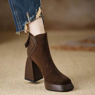 New Style Thick Heel Boots Platform 2024 Round Toe High Heel Boots Coffee