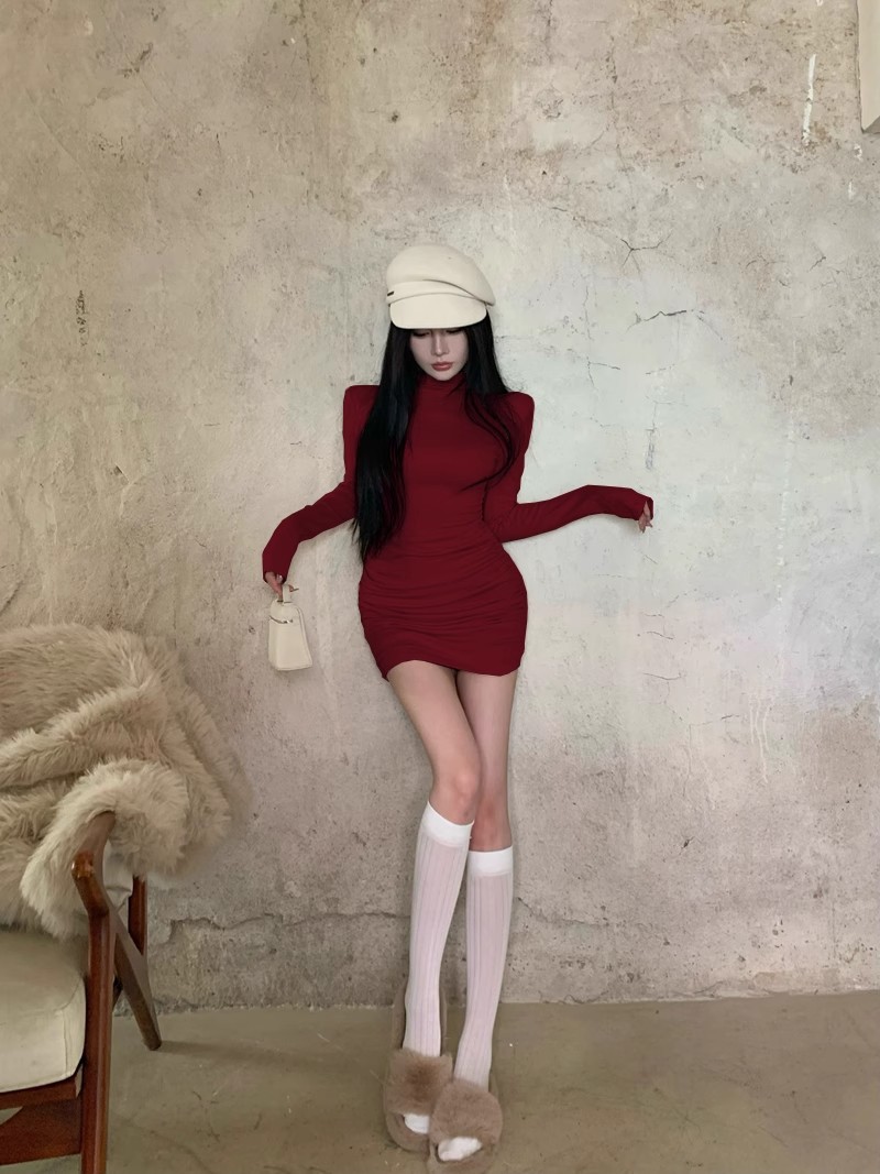 商品详情图_2024新款半高领打底长袖连衣裙女秋冬修身包臀性