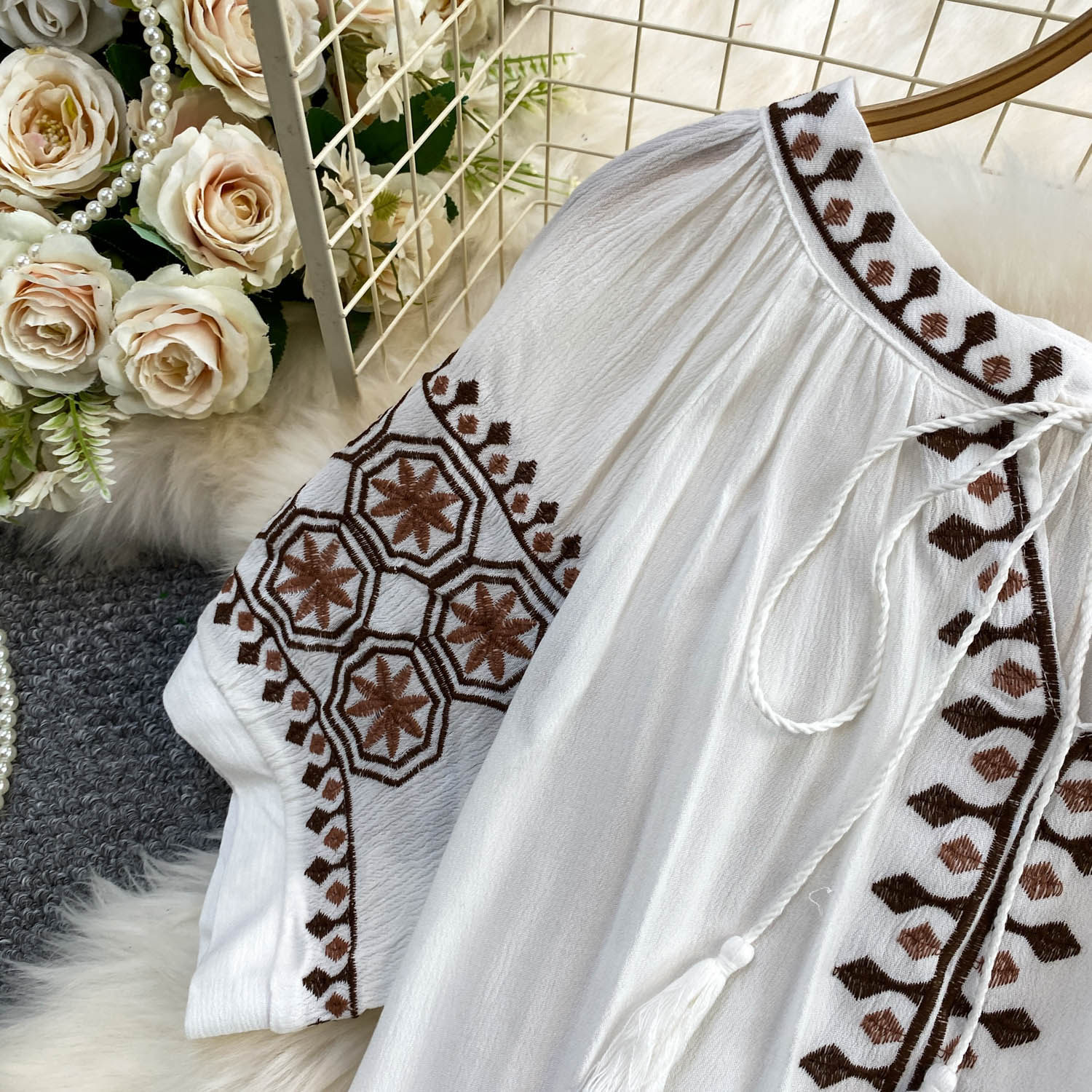 Women's Bohemian Style Sweet Embroidered Tie Neck Round Neck Mid Sleeve T-Shirt Summer Loose Fit Slimming Ethnic Retro Top_ecoleips.com