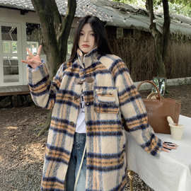 慵懒风格纹高级感翻领长袖毛呢外套女秋冬季新款宽松显瘦百搭大衣