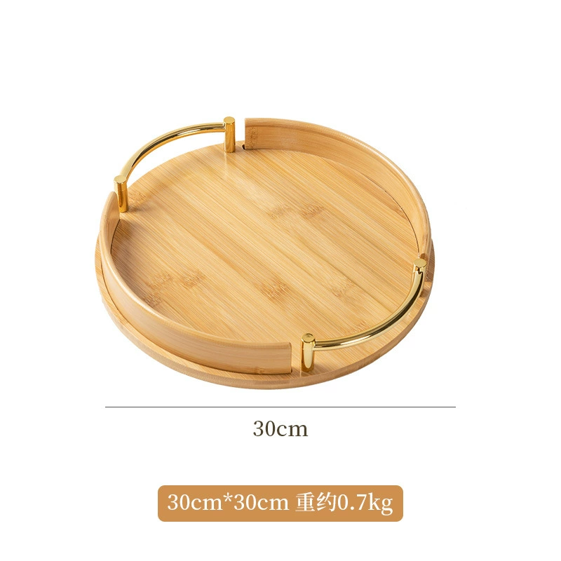 Bamboo serving tray, round with handles, wood‑tone finish, 25/30/35 cm