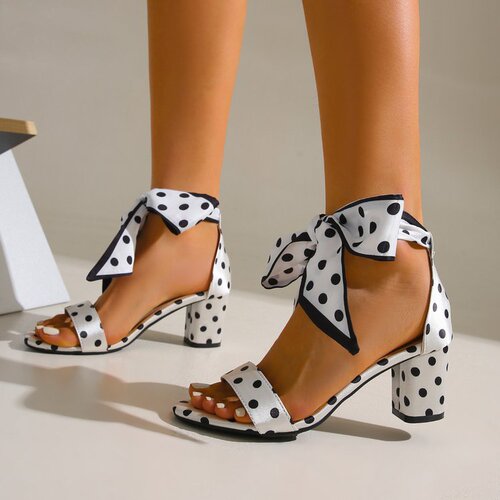 Cross-border foreign trade large size high heels sandals, women's polka dot ribbon bow 2026 summer strap, word belt, thick heel