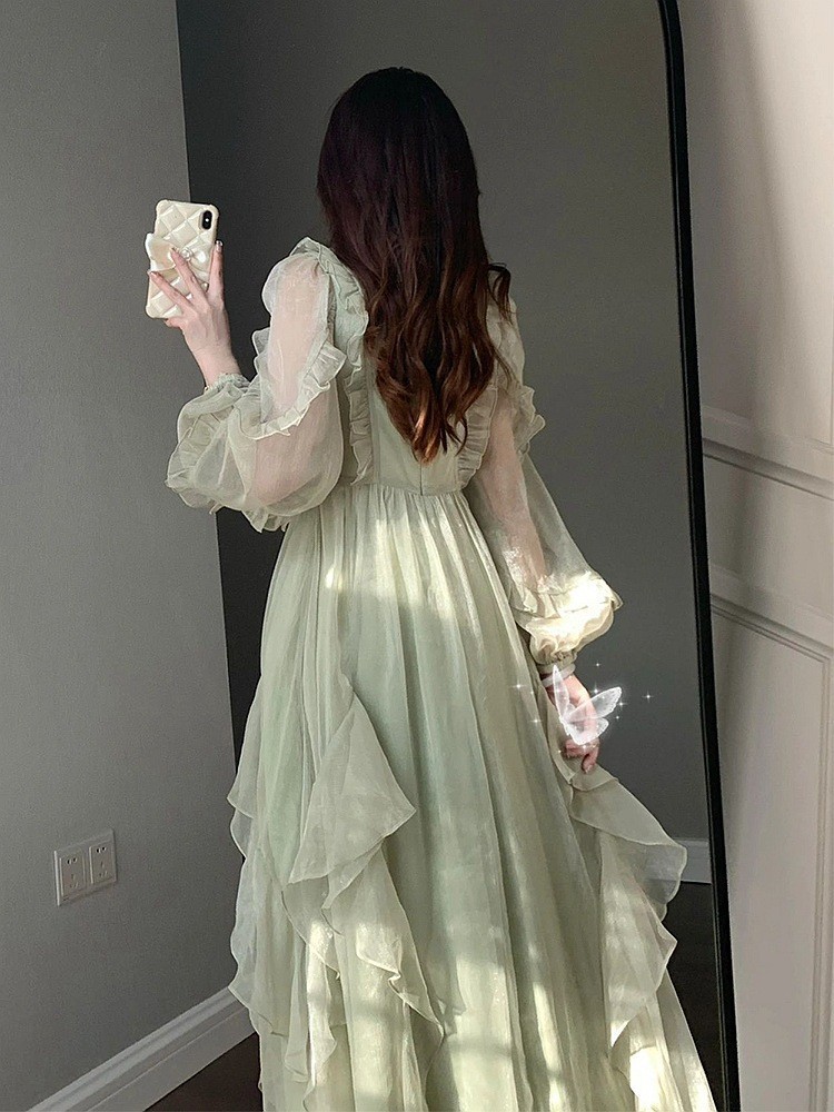 Đầm maxi nữ thắt eo voan Pháp tay bồng xếp tầng mùa hè — Màu xanh lục nhạt chi tiết 4