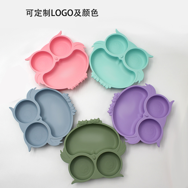 Food Grade Silicone Dinner Plate Feeding Tableware Baby Food Supplement Silicone Cartoon Owl Mother and Baby Supplies Cross-Border