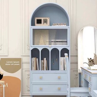 Bookcase from natural wood, floor Scandinavian bookshelf, retro decorations, American style, light luxury style, French retro style