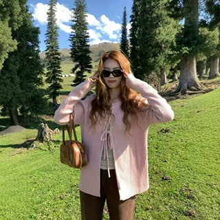 早秋新款系带韩系慵懒风橘色针织开衫女宽松外搭旅游氛围感毛衣上