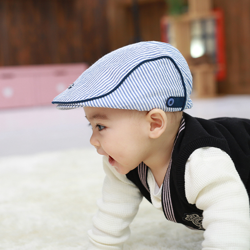 儿童贝雷帽可爱宝宝全棉条纹前进帽田园风格子韩版鸭舌帽