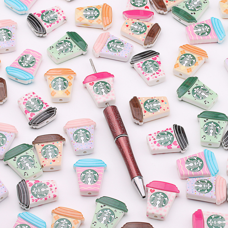 Acrylic Uv Printed Glazed Colorful Starbucks Cup Through-Hole Beaded Handmade DIY Jewelry Keychain Accessories