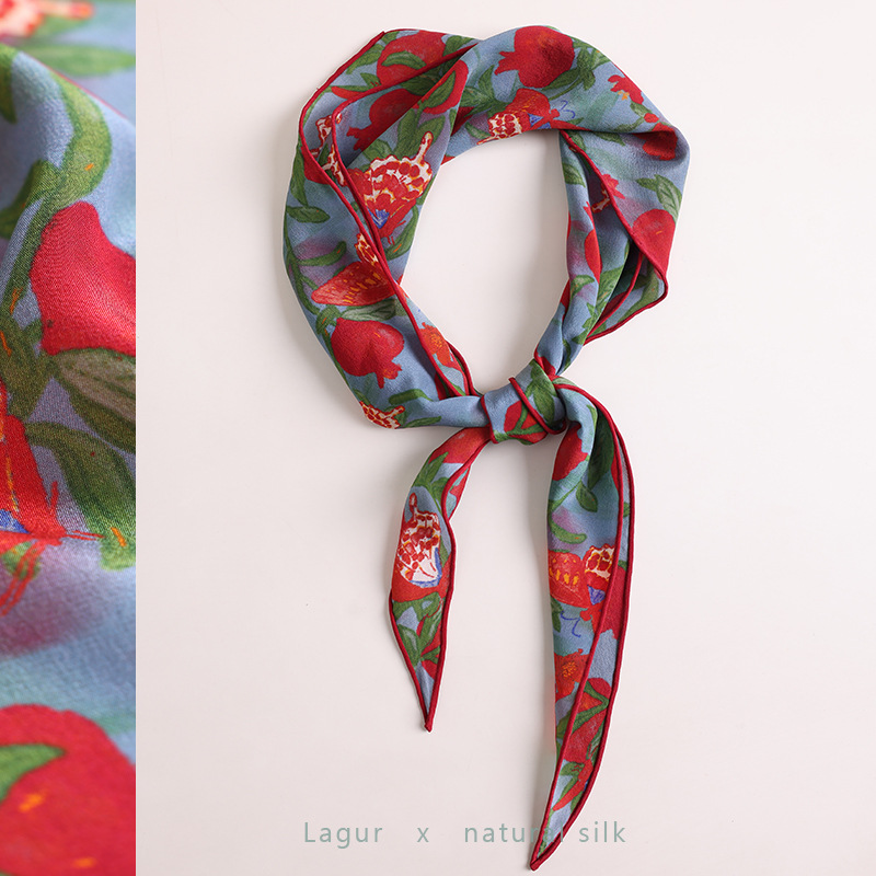 Butterfly Pomegranate' 100% Mulberry Silk Triangle Scarf, Silk Crepe Hemmed Diamond Scarf For Women, Luxury Style - Thumbnail 3