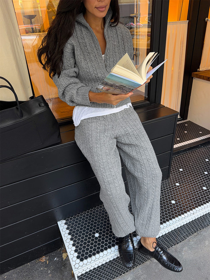 Bộ hai món nữ áo len cardigan cổ bẻ khóa kéo phối quần dài ống đứng, form rộng — Bộ hai mảnh áo len màu hồng, Bộ hai mảnh áo len màu sô cô la, Bộ hai mảnh áo len màu xanh ô liu, Bộ hai mảnh áo len màu xám chi tiết 14