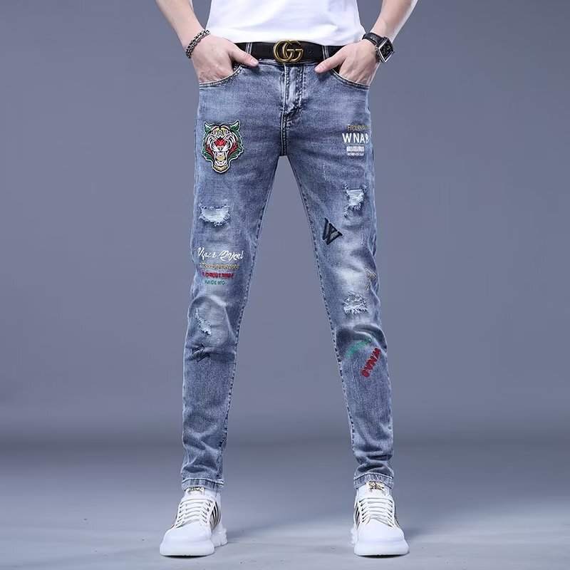 Hong Kong Style Trendy Men's Summer New 2023 Personalized Letter Jeans Hip-Hop Ins Trendy High Street Trendy Trousers
