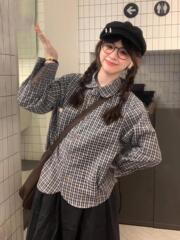 秋季小众穿搭拼色格子衬衣女款早秋新款宽松慵懒风小个子长袖衬衫