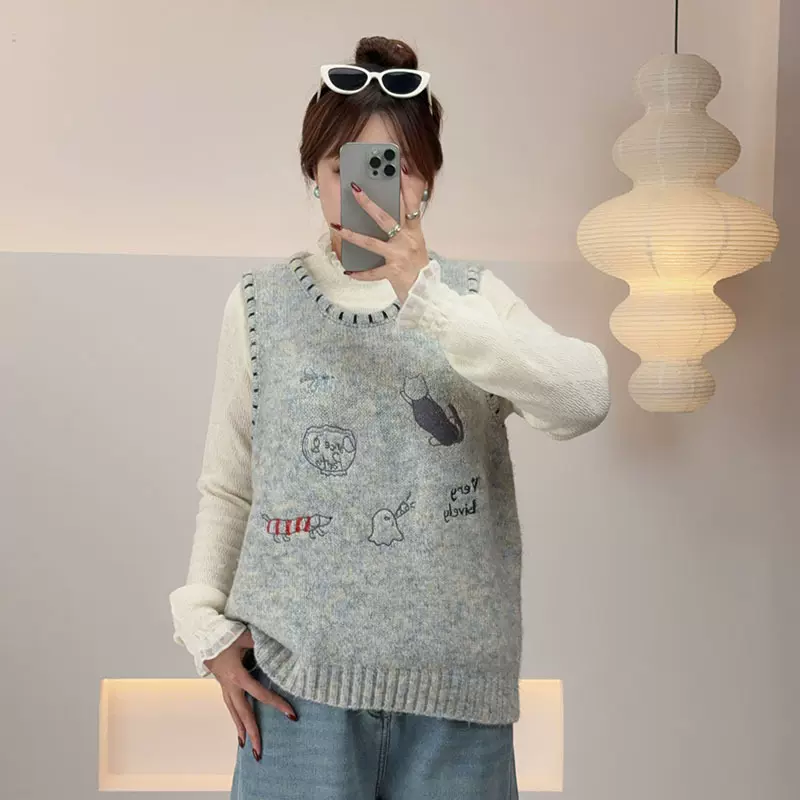 双天25年新款胖mm大码女装冬季趣味刺绣圆领套头毛衣针织马甲F658