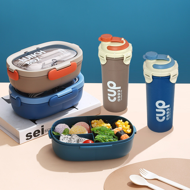 Caja de almuerzo de estilo coreano elíptico simple para estudiantes de oficina, caja de almuerzo portátil, platos divididos con tazas de agua, set de cubiertos