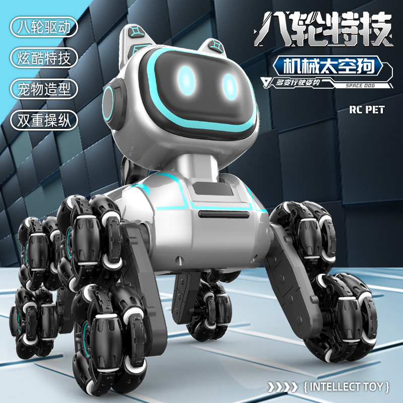 Coche de control remoto inteligente para niños, robot perro eléctrico transformable de ocho ruedas con luces, sensor de gestos y capacidad de escalada.