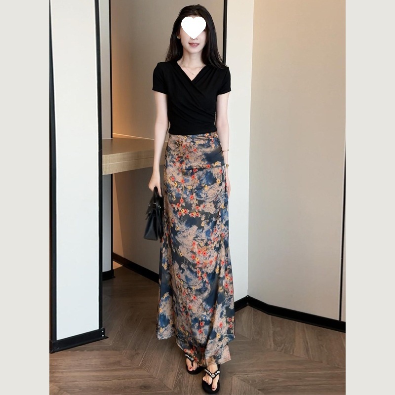 时尚套装裙女夏季新款洋气质显瘦V领绑带上压褶开叉半身裙两件套|undefined