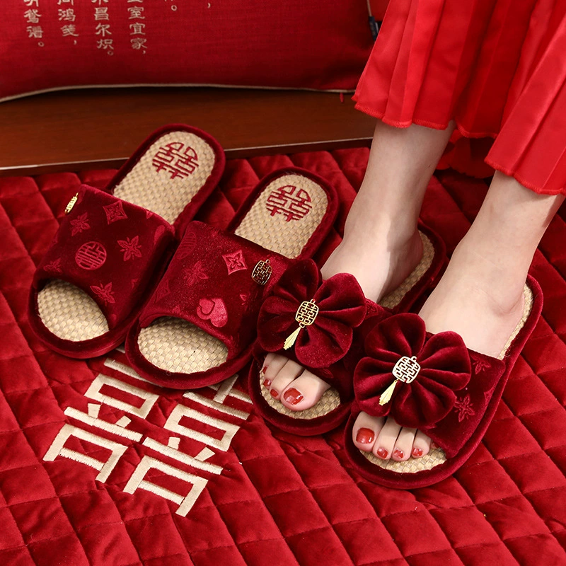 Свадебные тапочки, праздничные красные, пара, для лета, для молодоженов, домашний халат, придан, двойное счастье, символ невесты, для дома, парный стиль