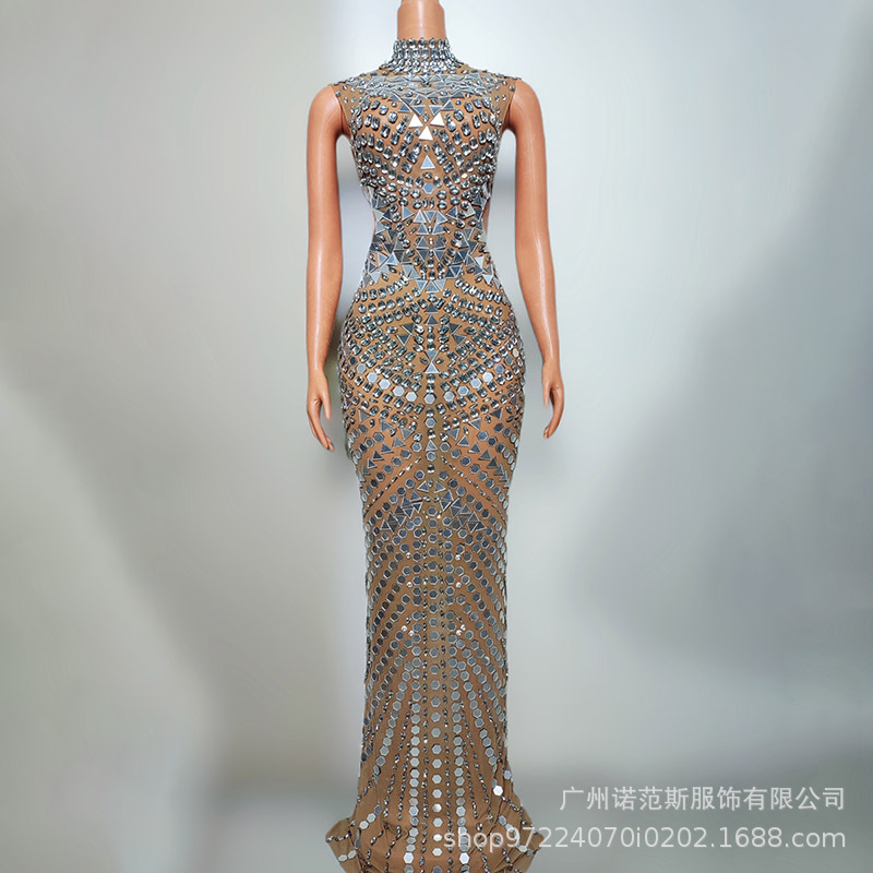 European and American sexy rhinestone silver dress plus size women's evening dress company annual meeting red carpet fishtail dress