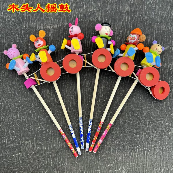 Wooden Shake Drum Happy Puppet Hand Shake Wooden Rattle Stall Temple Fair Square Hot Selling Toys Wholesale